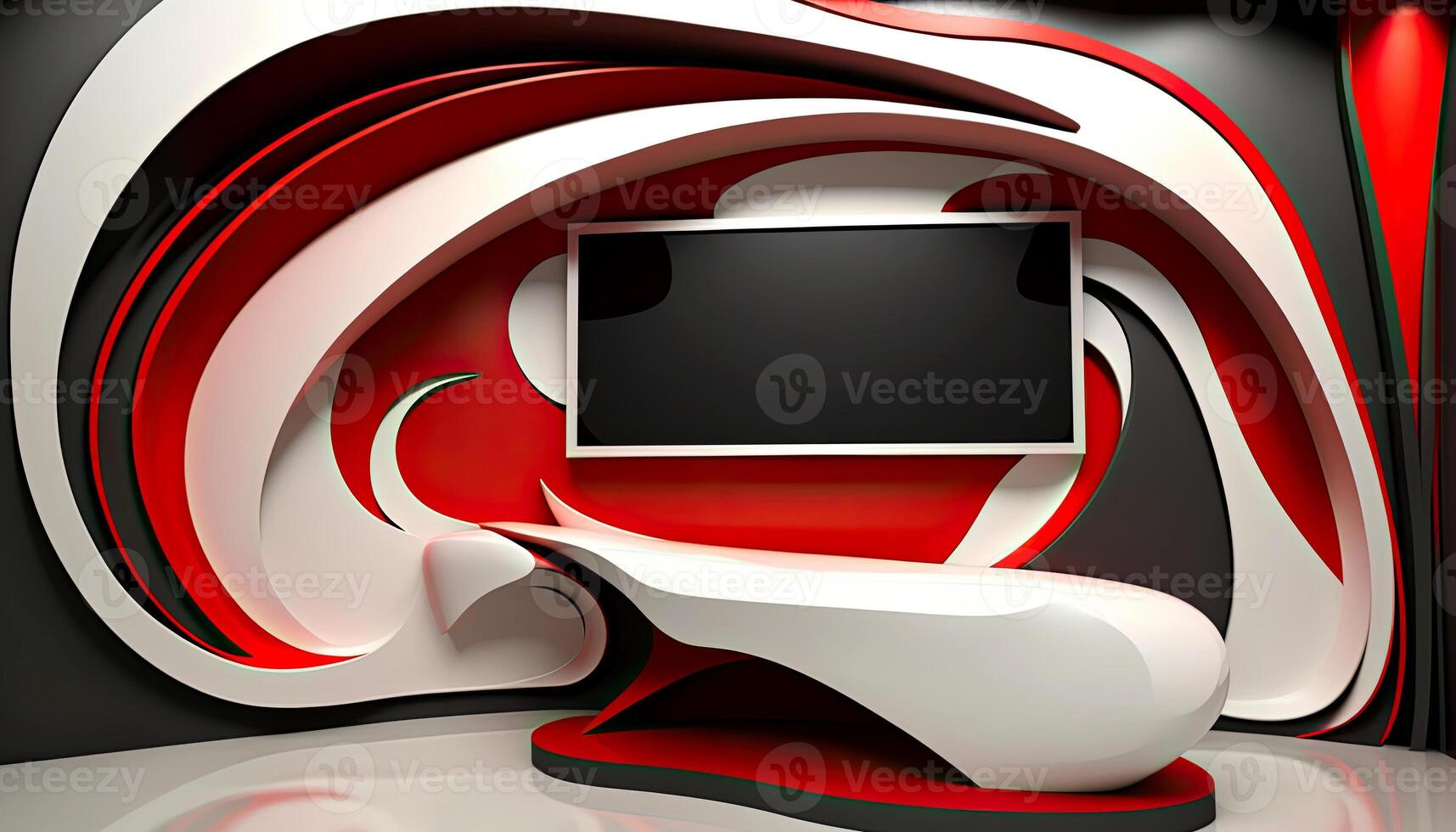 Modern Visionary Interior Design with Wall Mounted Digital Display Screen on 3D Abstract Wallpaper. Technology. photo