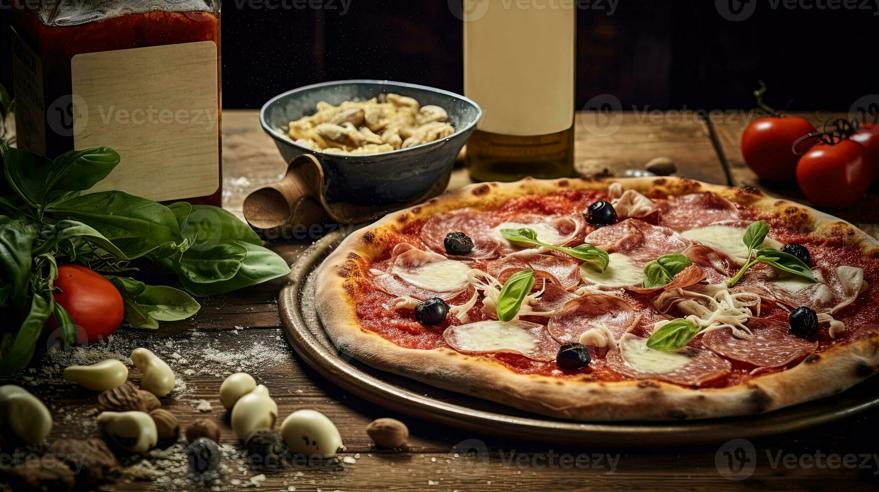 Appetizing Berry Pizza with Salad and Drink Bottle on Wooden Table for Ready to Eat. Generative AI Illustration. photo