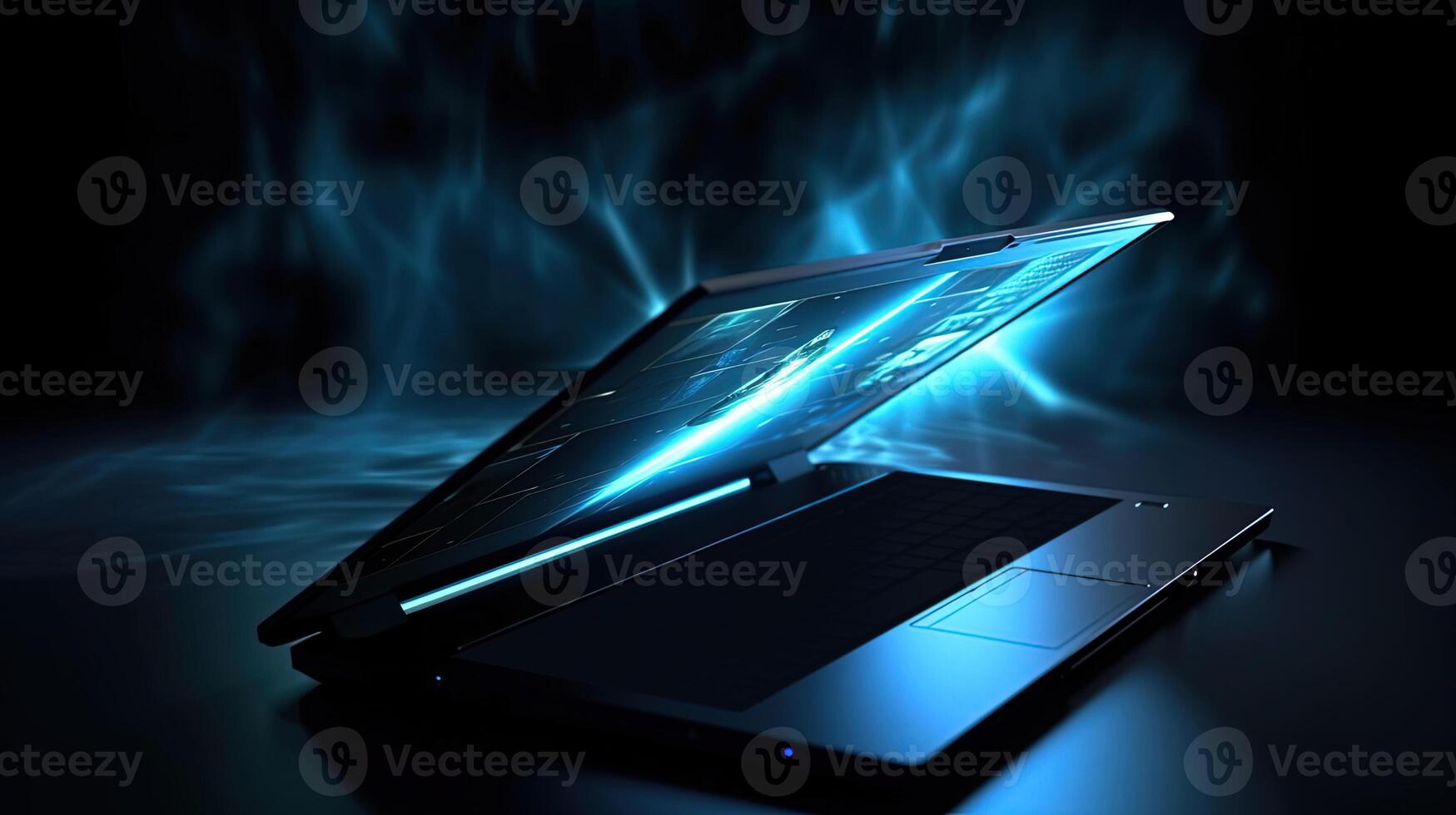 Luminous Connectivity Abstract Screen Notebook Computer Mockup in Dark Background. Technology. photo