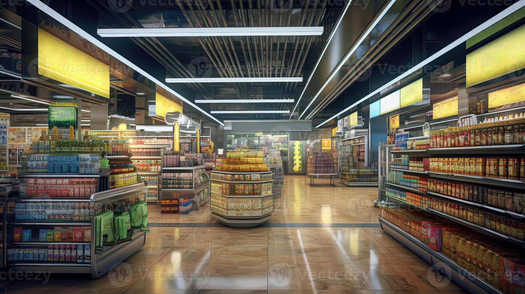 Interior Image of Underpinning Food Store or Grocery Sale Department Shop. Digital Illustration. photo