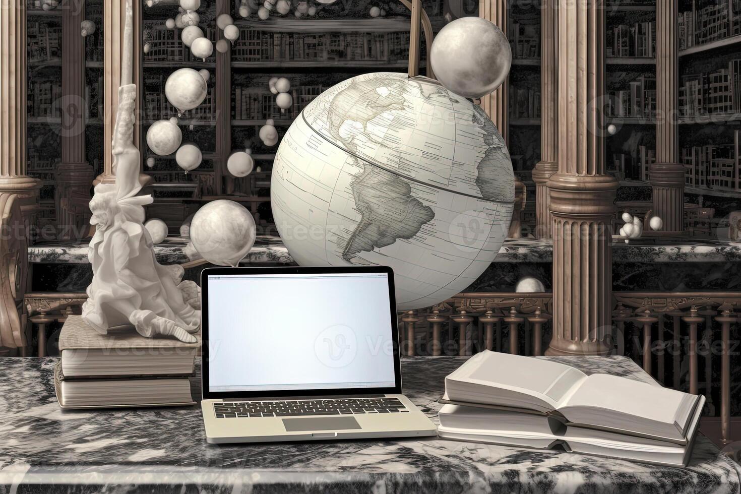 A Digital Laptop with Books and Globe Surrounded in Vintage Library Room. Generative AI. photo