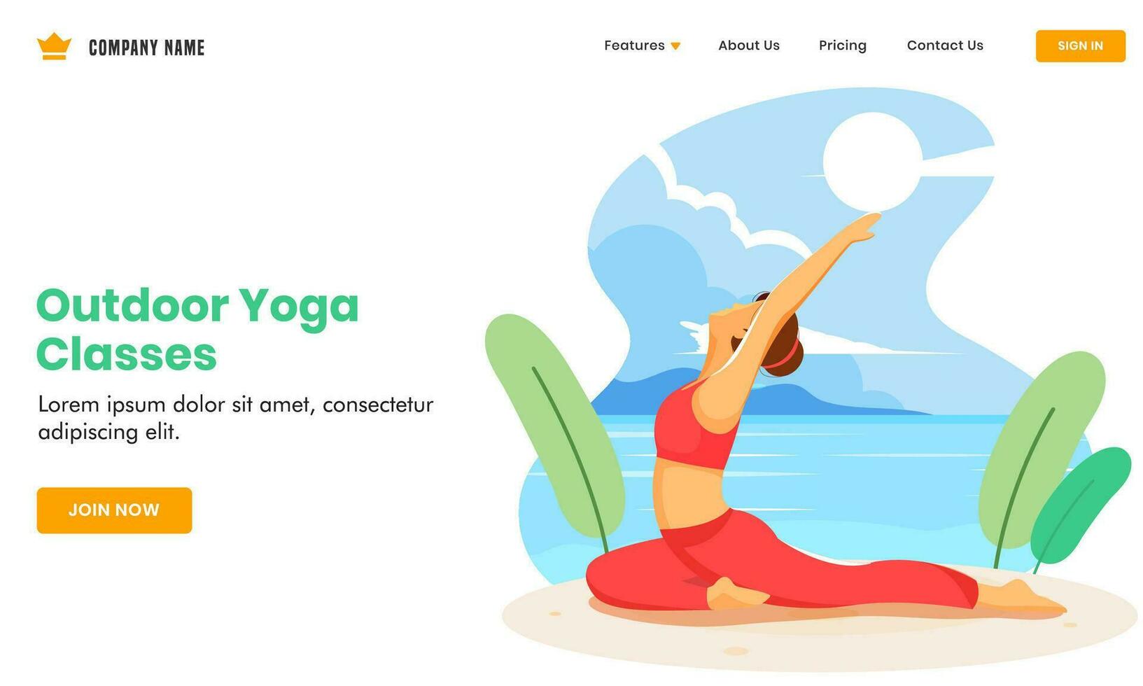 Outdoor Yoga Classes Based Landing Page Design with Illustration of Young Woman Doing Yoga in Ashwa Sanchalanasana Pose. vector