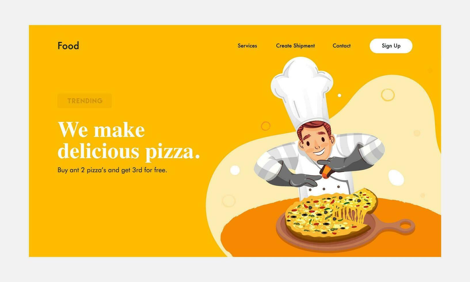 Landing Page or Hero Banner Design with Cartoon Chef Character Presenting Delicious Pizza on Pan. vector