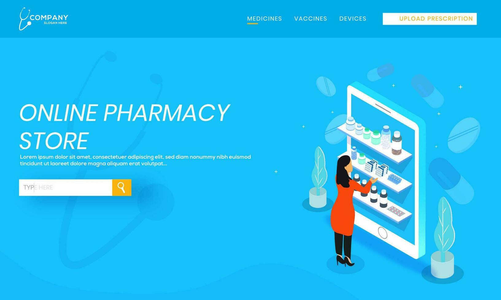Landing Page or Hero Banner Design with Online Pharmacy Store in Isometric Smartphone. vector
