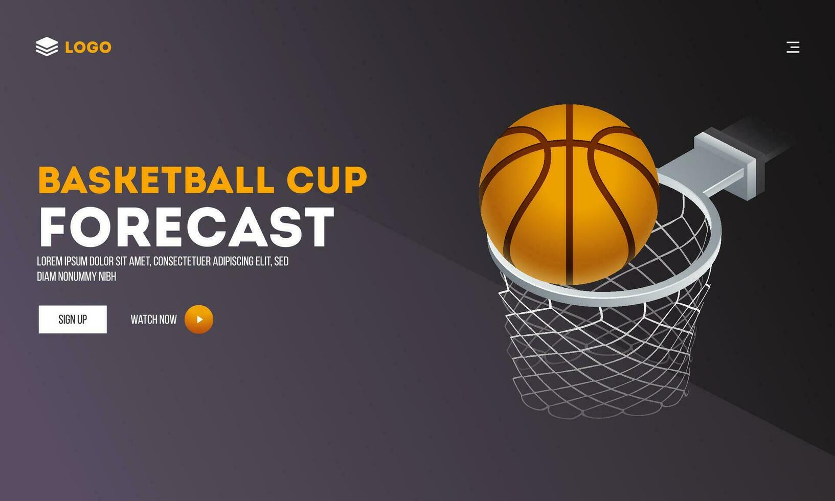 reloj ahora baloncesto taza pronóstico sitio web bandera diseño con realce baloncesto objetivo en aro neto. vector