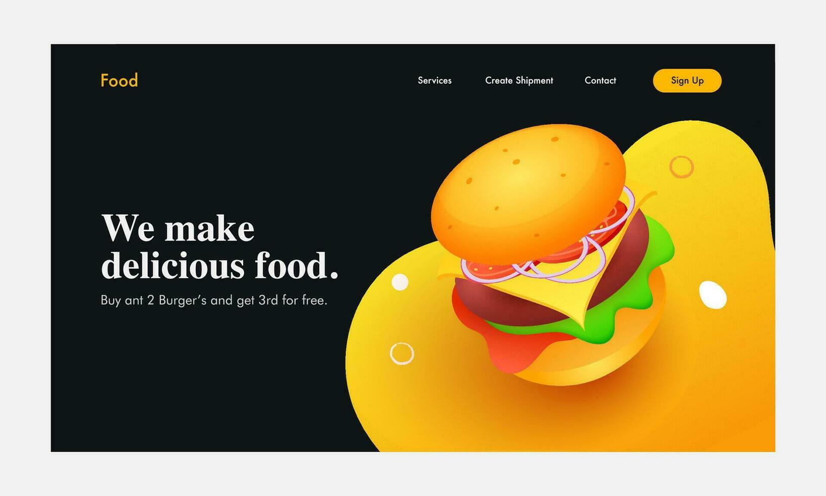 Landing Page or Hero Banner Design with Delicious Hamburger on Chrome Yellow and Black Background. vector