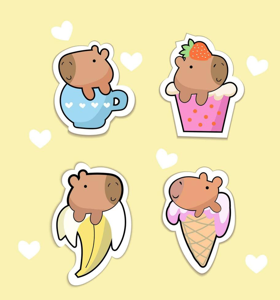 Cute kawaii hand drawn face capybara in anime style in a cup of tee, babana,an ice-cream, a strawberry cocktail vector