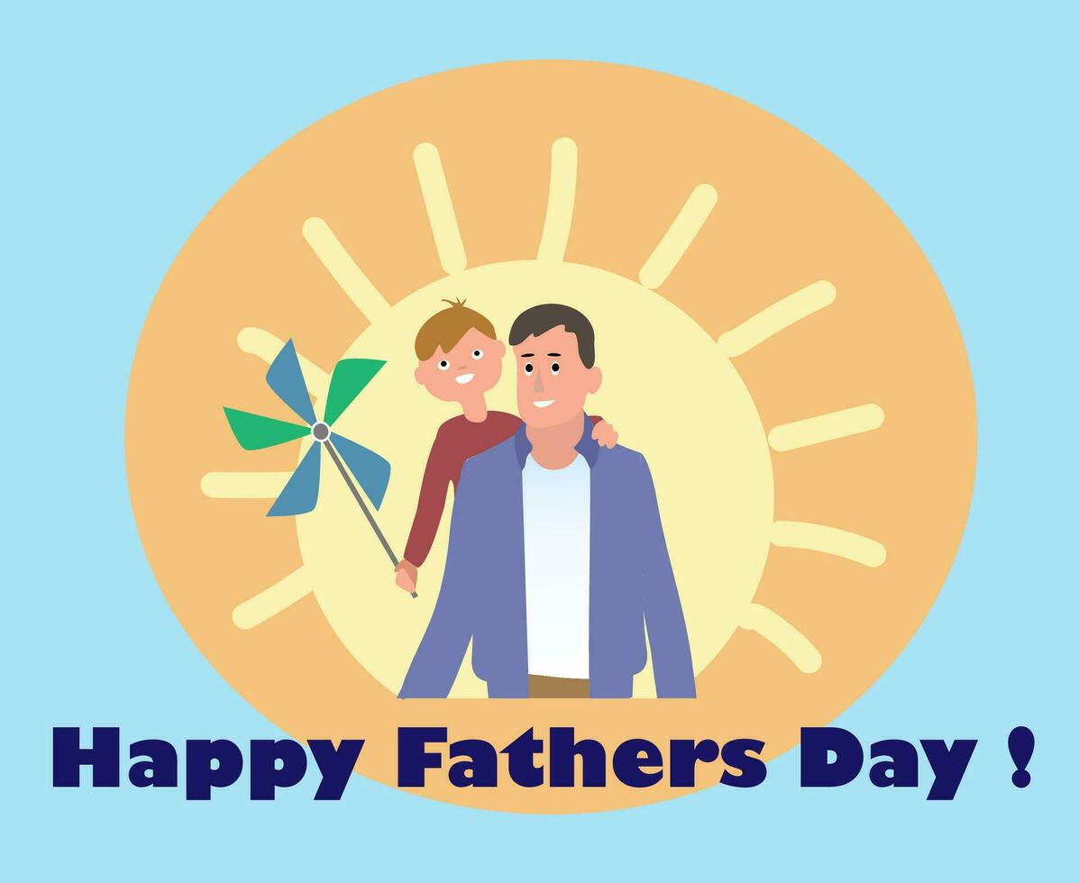 Happy Father Day. Son is riding his father's neck. Concept greeting card flat vector illustration