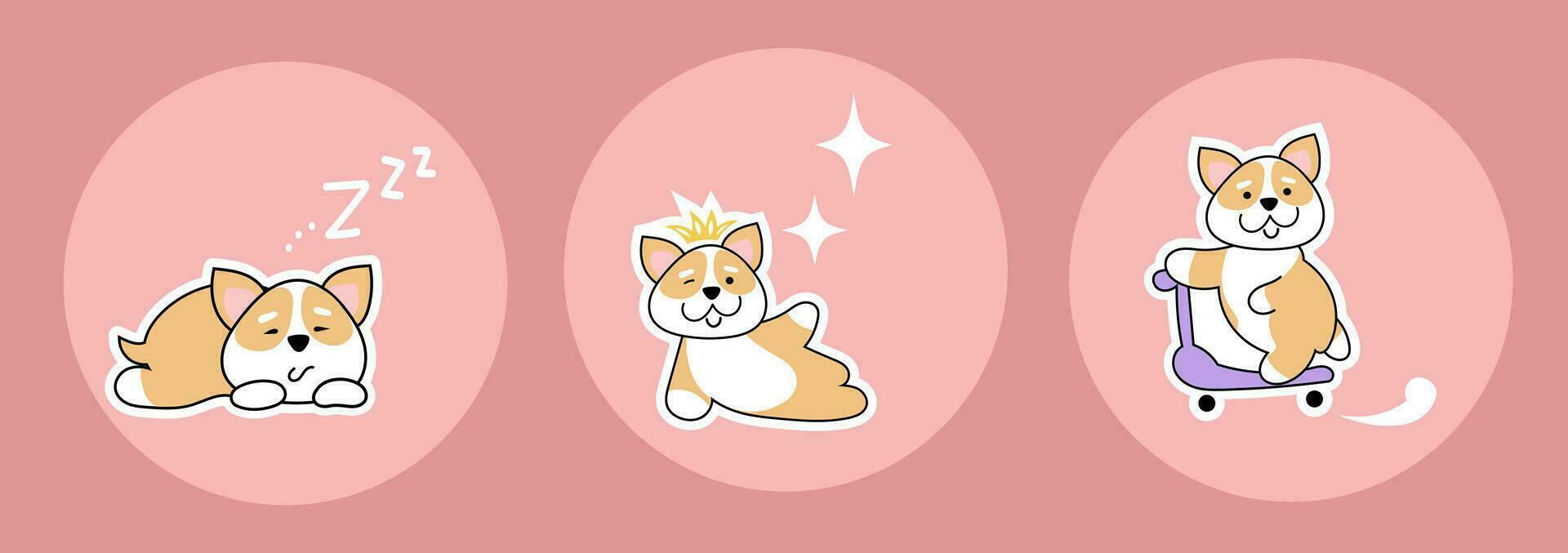 Cute puppies Welsh Corgi. Fashion patches, stickers, pins and signs isolated on pink background vector