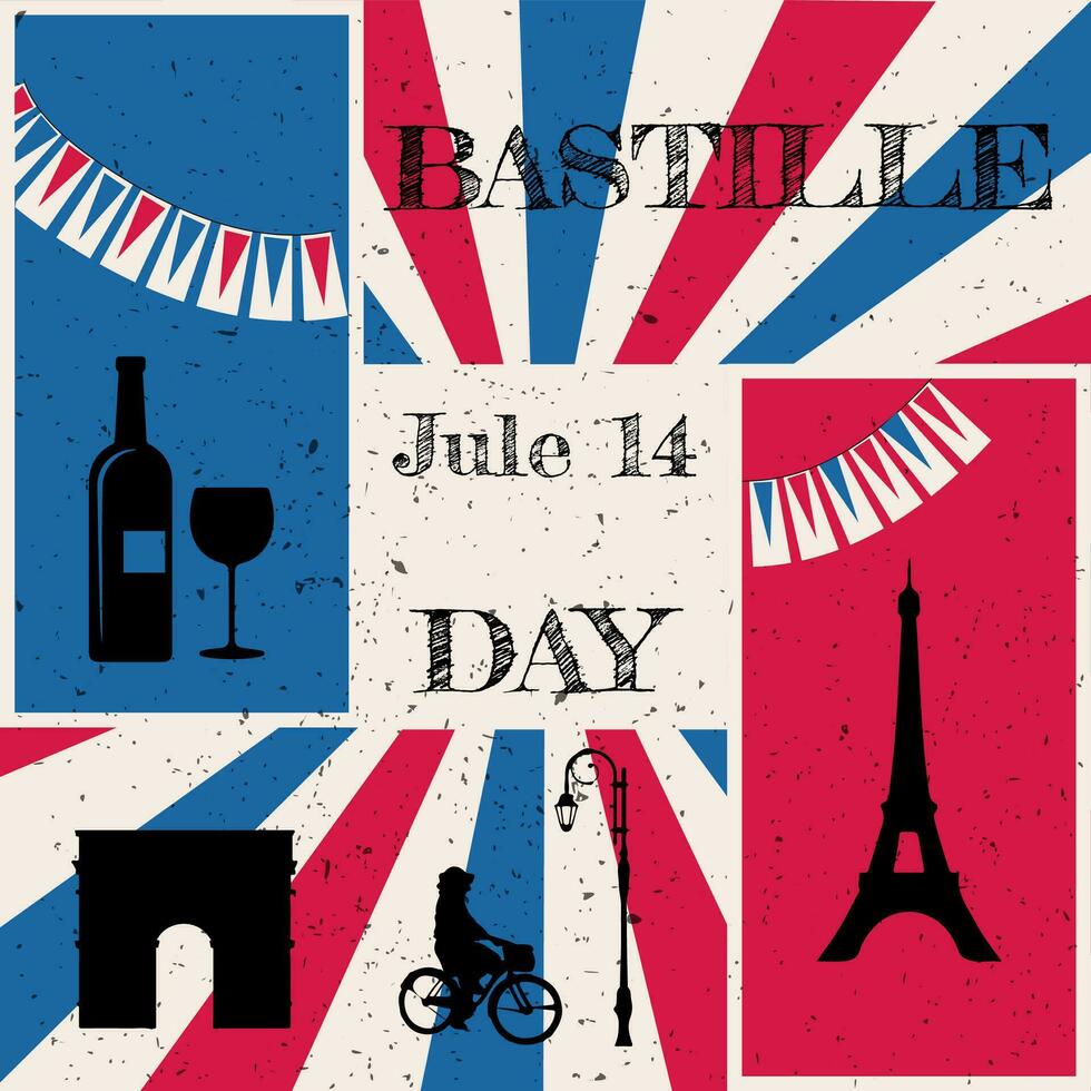 plano diseño saludo tarjeta, bandera para el francés nacional día, julio 14, Bastille día vector