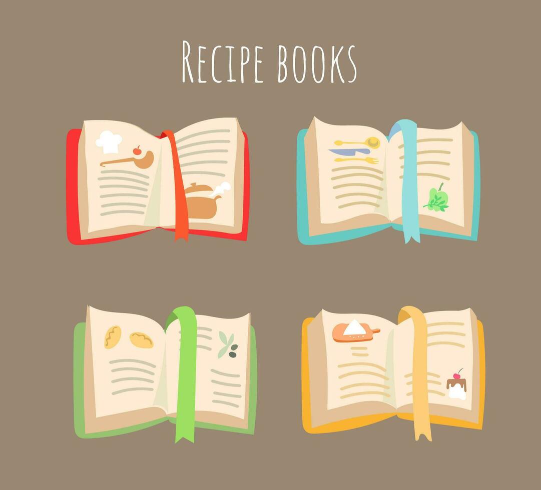 Set icons cookbook, recipe book, labels for cooking projects, home appliances, products, stickers, printing in books, buttons on sites and apps. vector