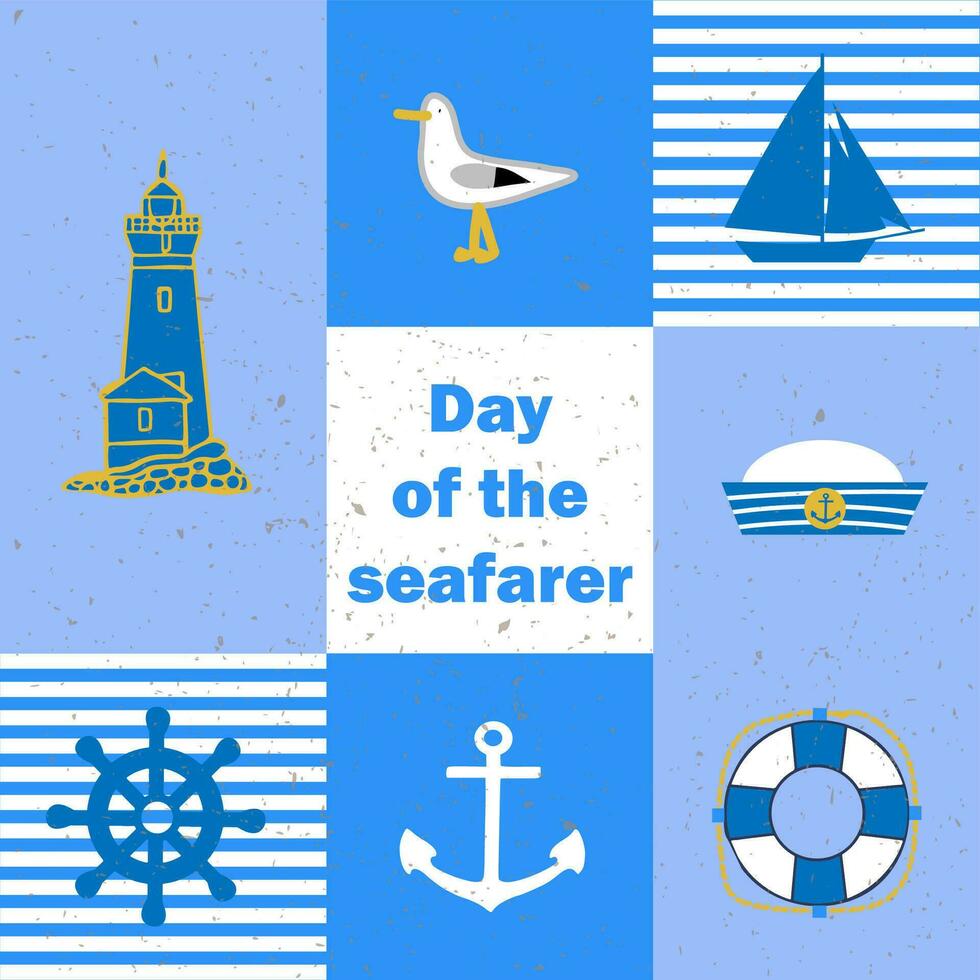 internacional día de el marinero, faro, Gaviota, barco, direccion rueda en bandera vector
