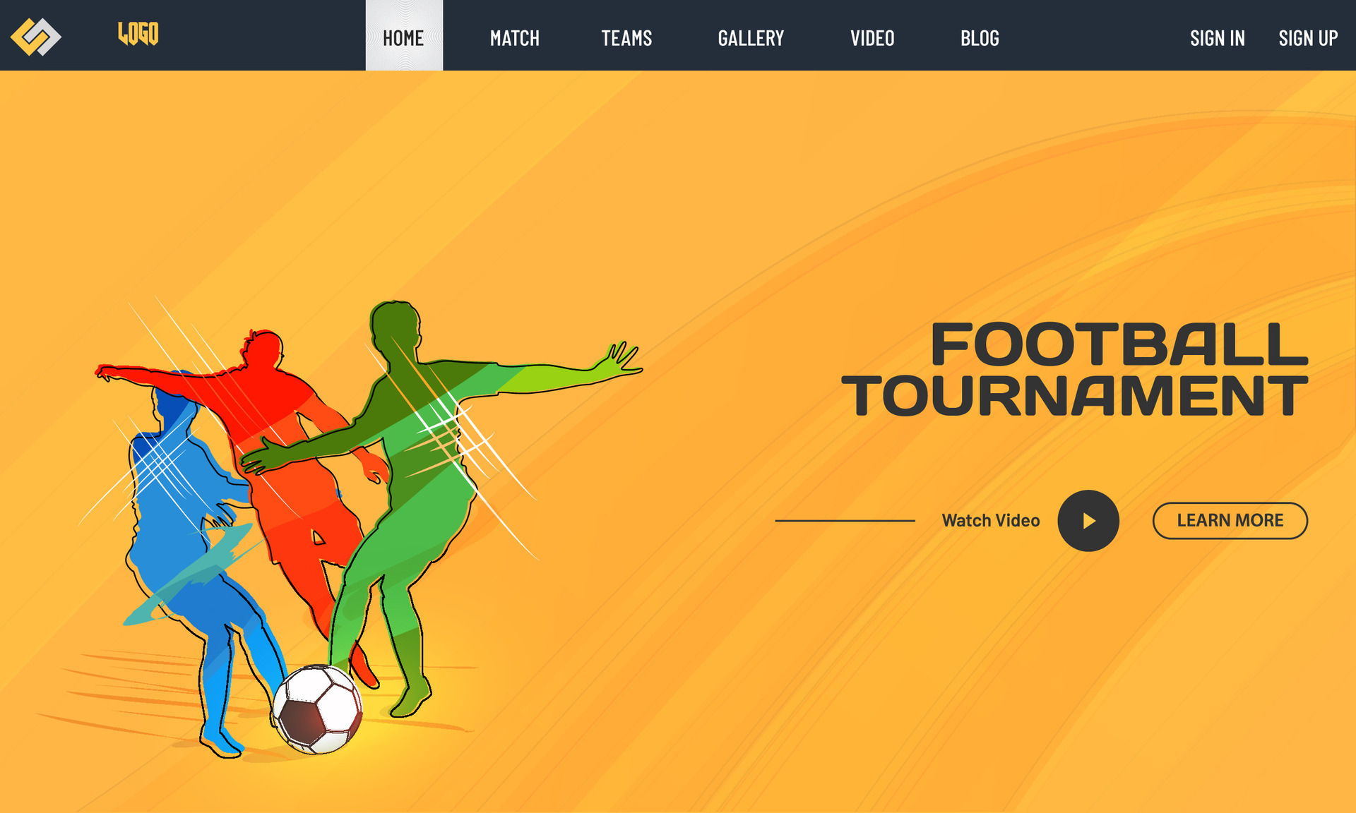 Watch Video Football Tournament Landing Page Design with Silhouette Soccer Player Playing Ball