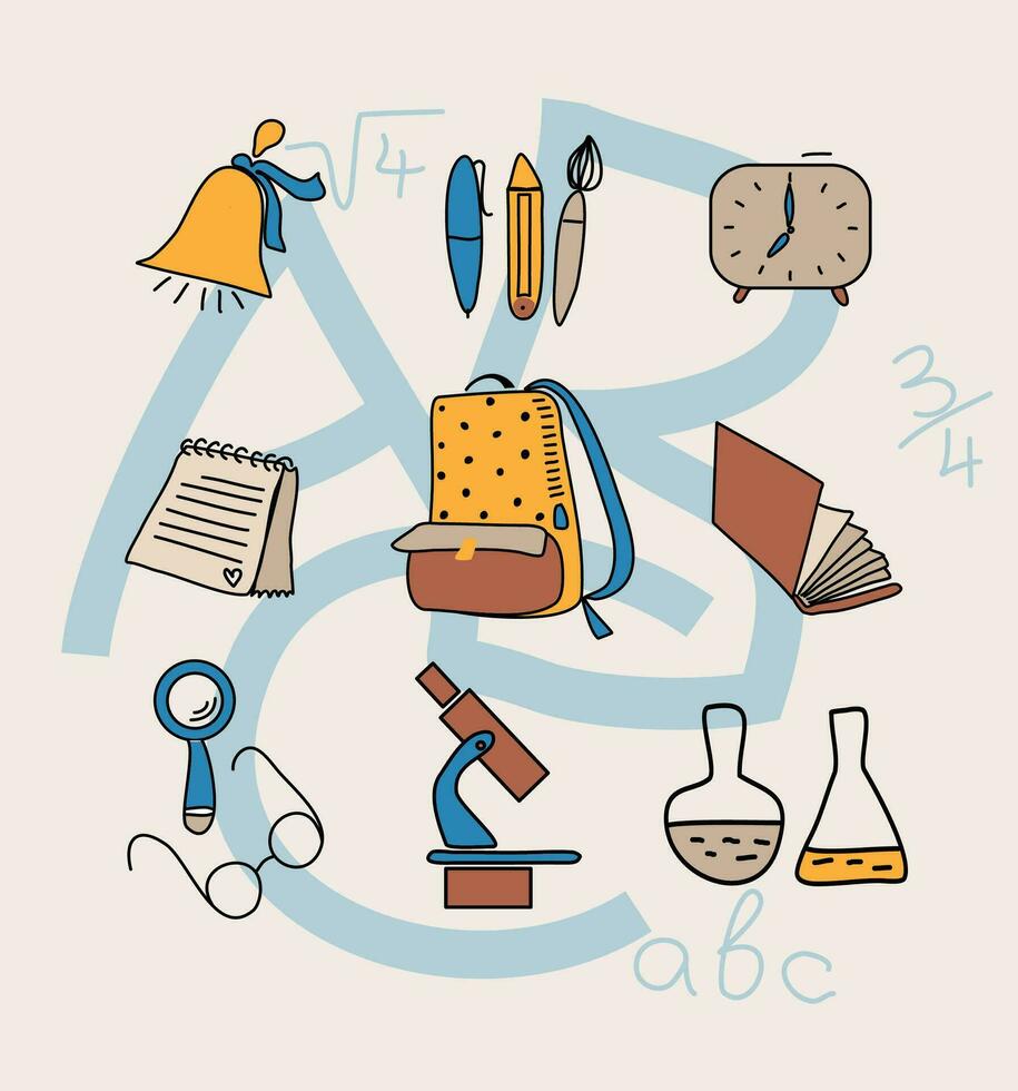 School clipart. Vector doodle school icons and symbols. Hand drawn stadying education objects