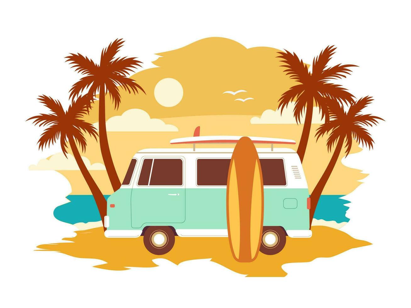 Clásico verano navegar póster con un mini camioneta vector ilustración. Hora de verano, playa vacaciones, agua actividad. camiseta impresión