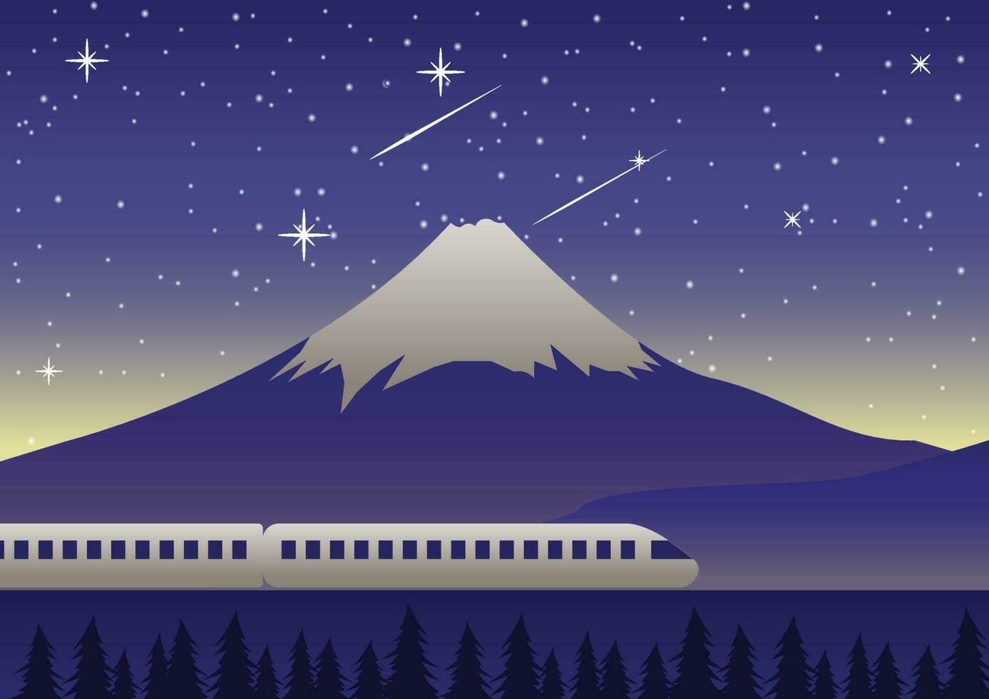 tren correr pasado montar fuji a noche escena famoso punto de referencia de Japón vector