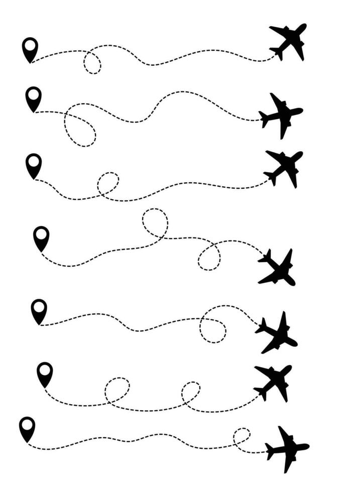 Airplane travel path set vector illustration isolated on white