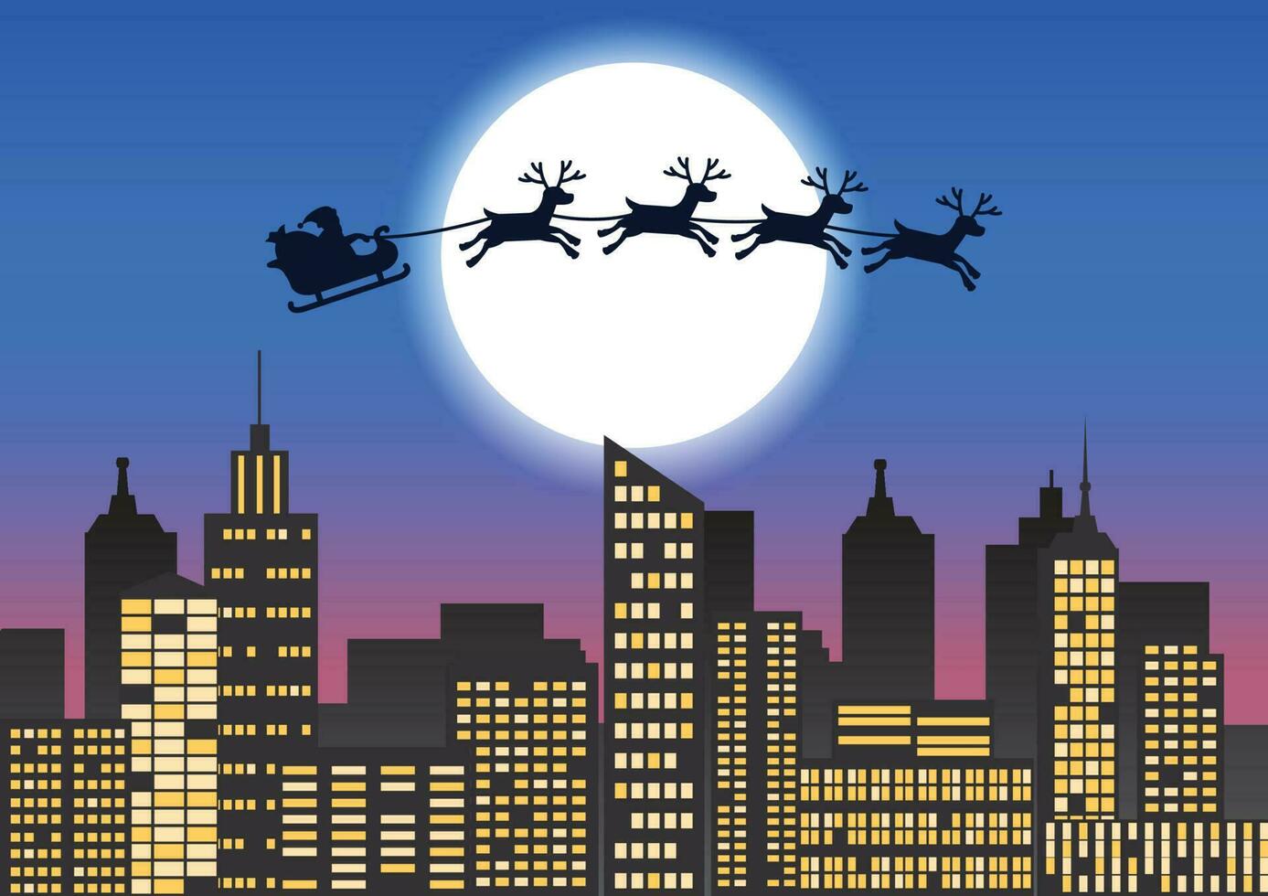 Papa Noel claus y reno mosca terminado el ciudad a enviar regalo a gente, mucha de rascacielos y ligero formar ventana vector