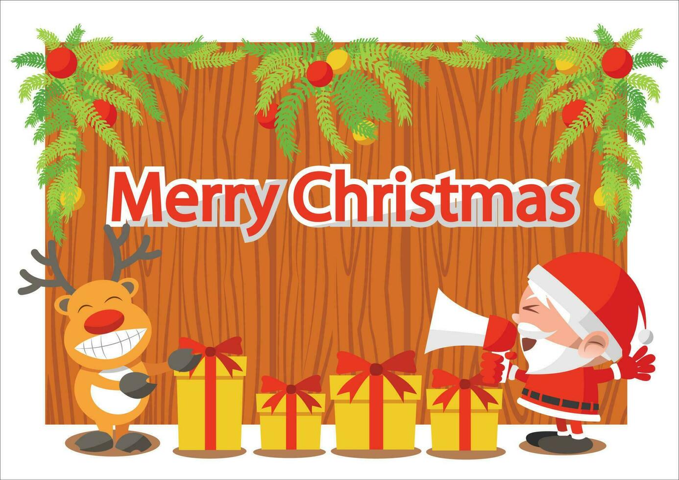 amarillo regalo caja cerca Papa Noel claus y reno,detrás son árbol de madera tablero y Navidad rama Decorar con pelota, dibujos animados versión, vector ilustración