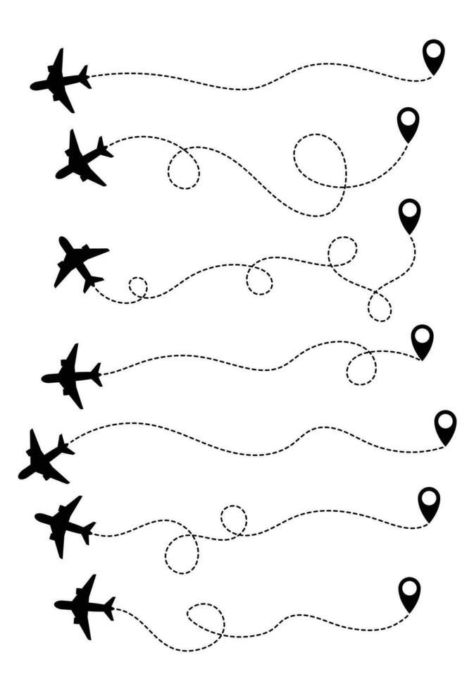 Airplane travel path set vector illustration isolated on white