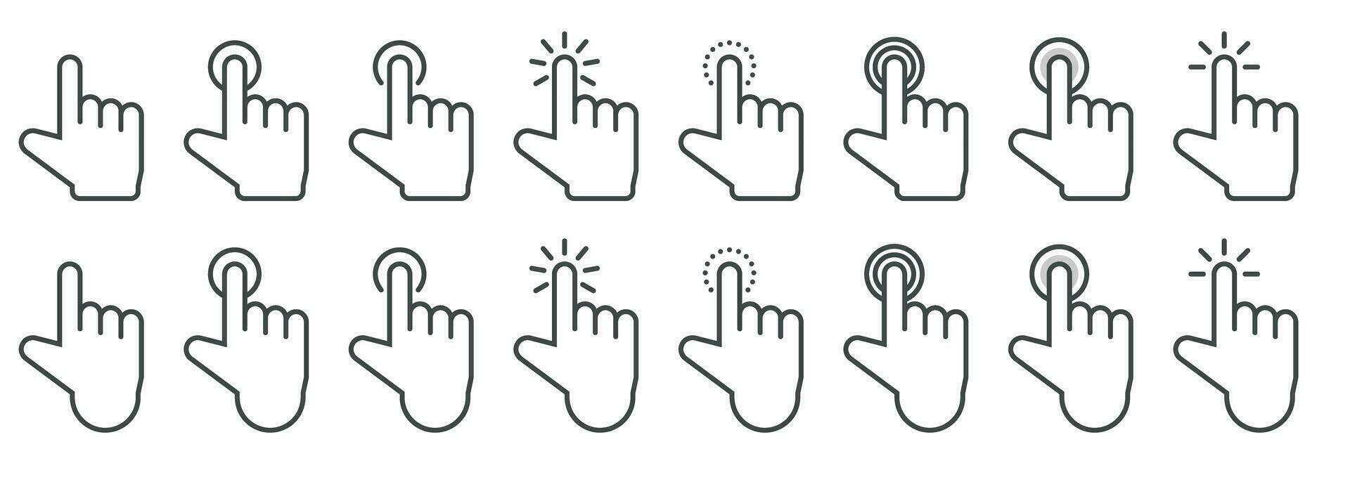 Hand cursor icon in different gestures. Finger mouse cursor. Clicking cursor vector illustration