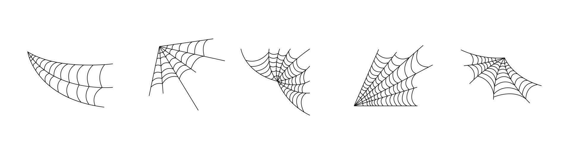 Hand drawn spider web icon set isolated on white. Black halloween cobweb vector illustration