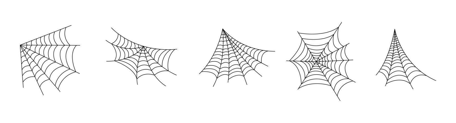 Hand drawn spider web icon set isolated on white. Black halloween cobweb vector illustration