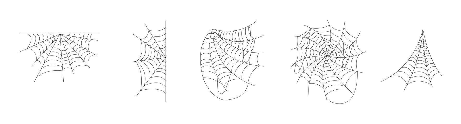 Hand drawn spider web icon set isolated on white. Black halloween cobweb vector illustration