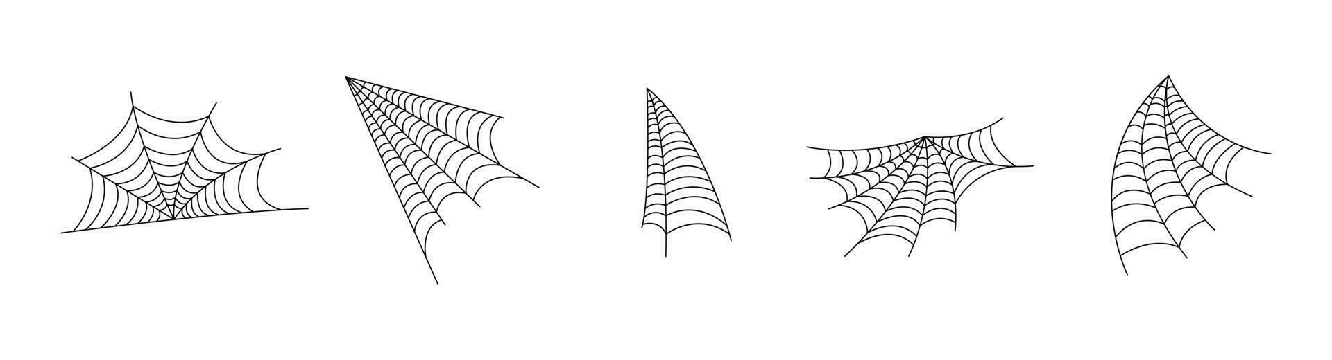 Hand drawn spider web icon set isolated on white. Black halloween cobweb vector illustration