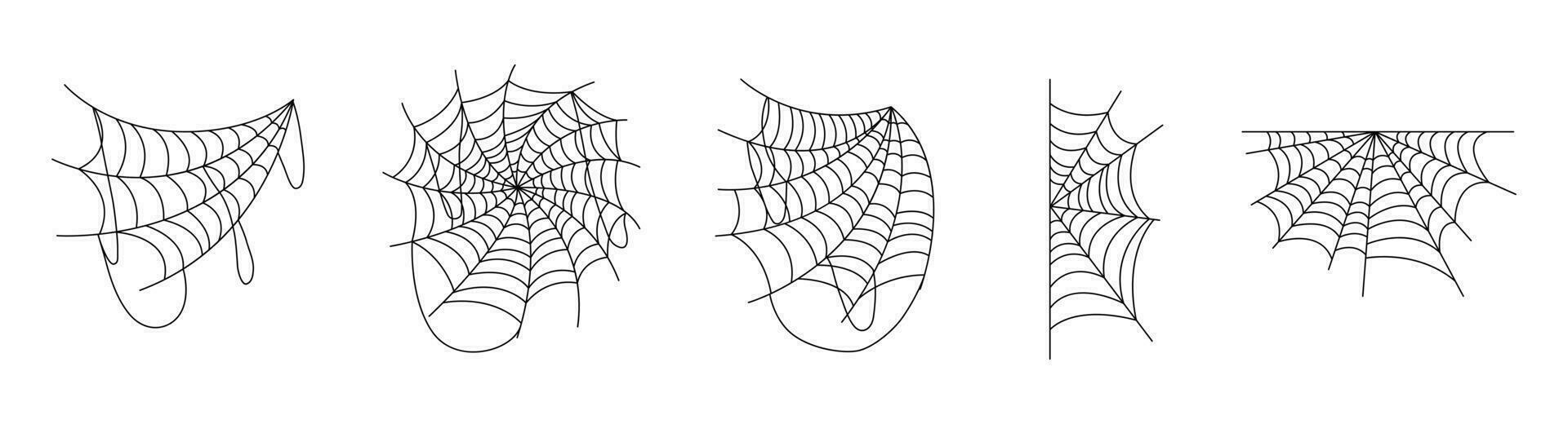 Hand drawn spider web icon set isolated on white. Black halloween cobweb vector illustration