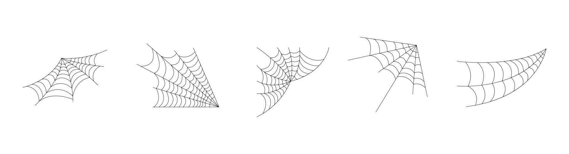 Hand drawn spider web icon set isolated on white. Black halloween cobweb vector illustration