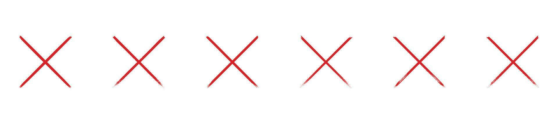 Hand painted rejected signs. Grunge style red wrong mark. Cross mark vector illustration