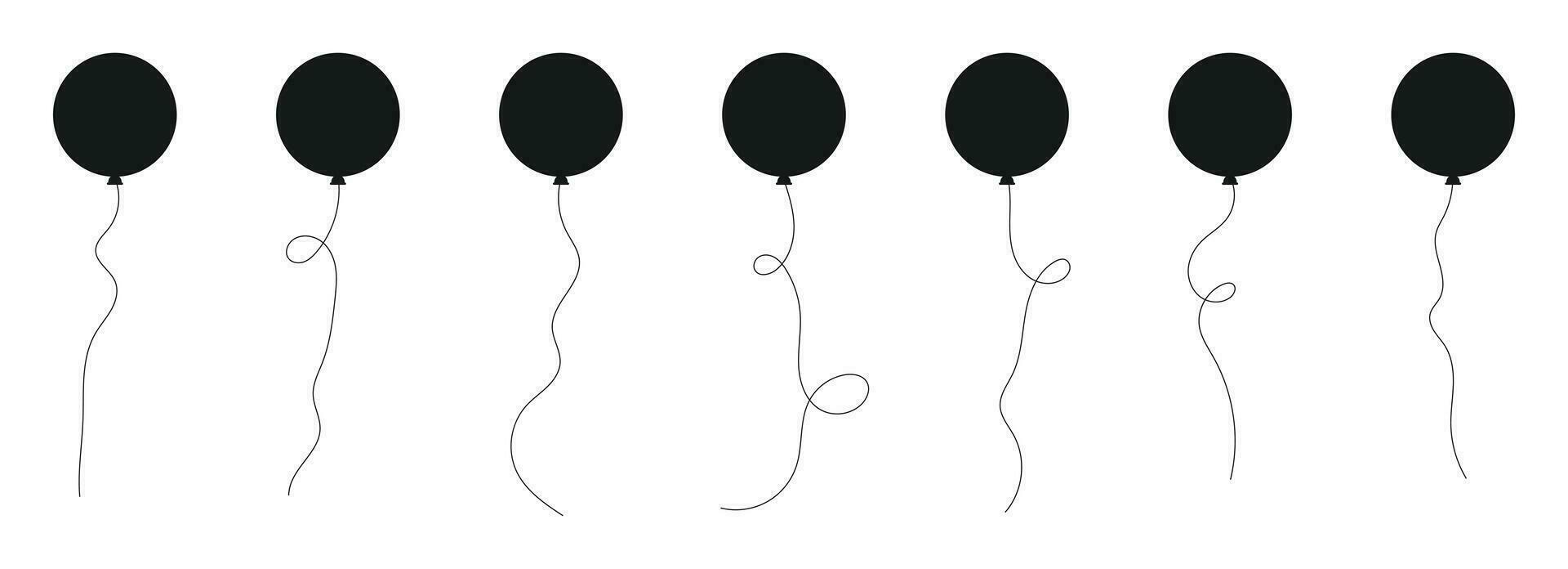 Set of black silhouette party balloons tied with strings. Vector illustration in cartoon style
