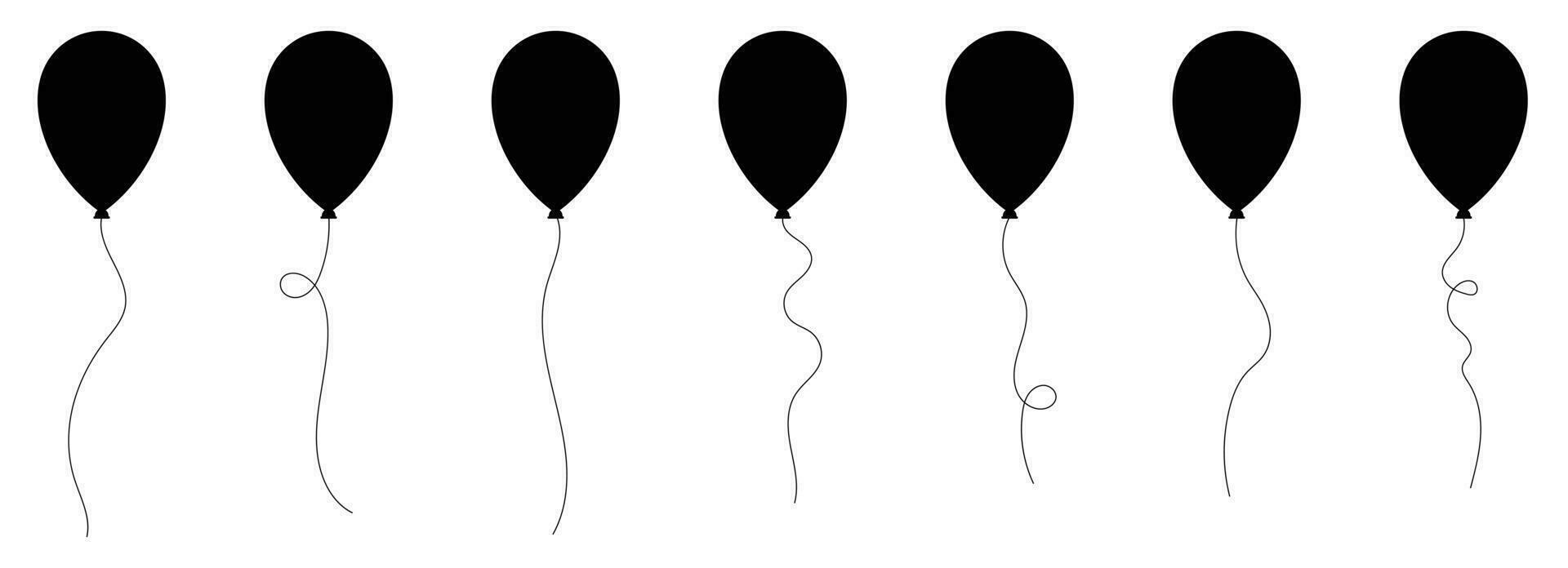 Set of black silhouette party balloons tied with strings. Vector illustration in cartoon style