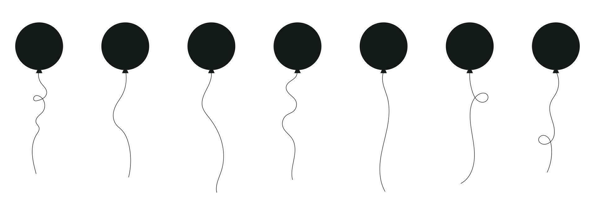 Set of black silhouette party balloons tied with strings. Vector illustration in cartoon style