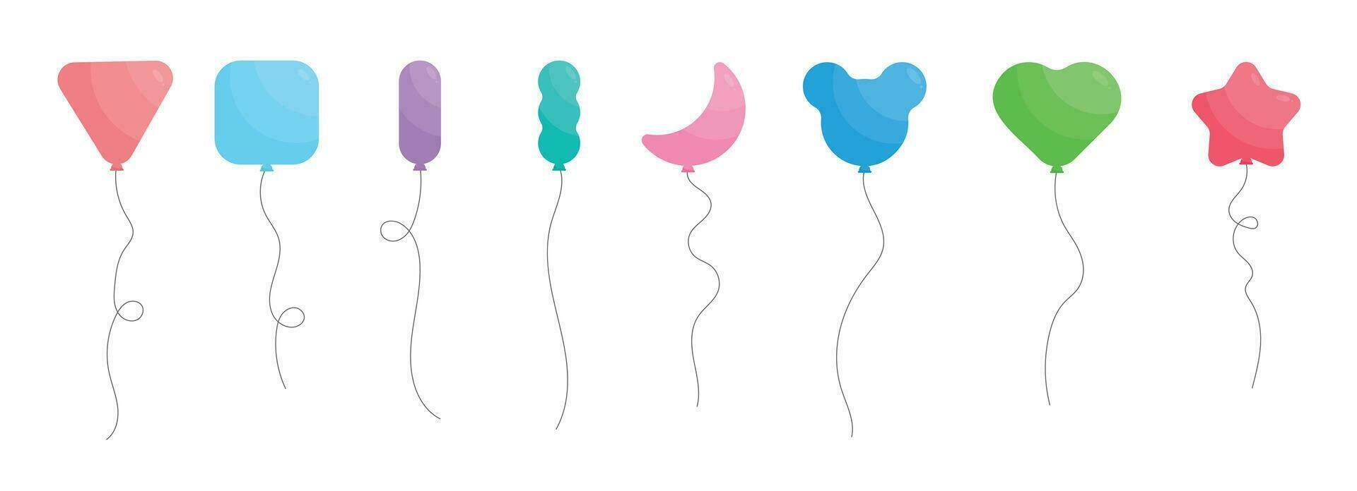 Set of colored party balloons tied with strings. Vector illustration in cartoon style