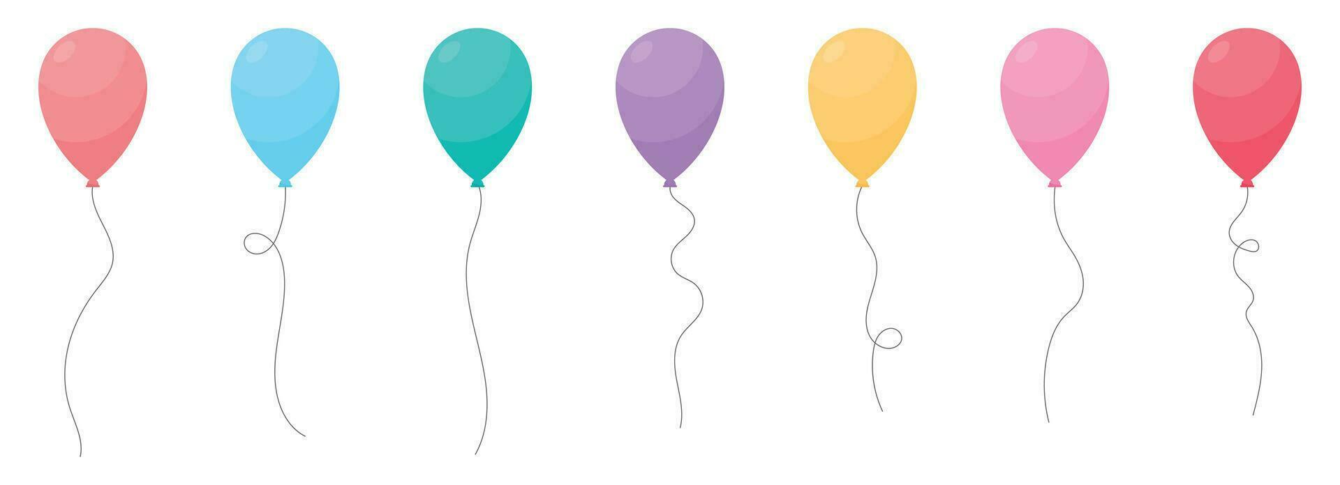 Set of colored party balloons tied with strings. Vector