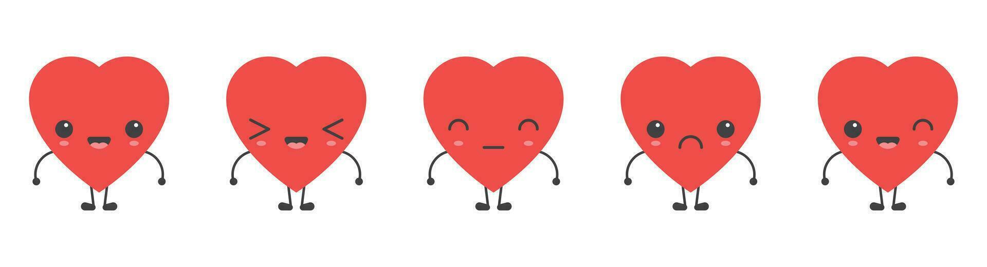 Cartoon heart shape emoji with different mood vector illustration collection