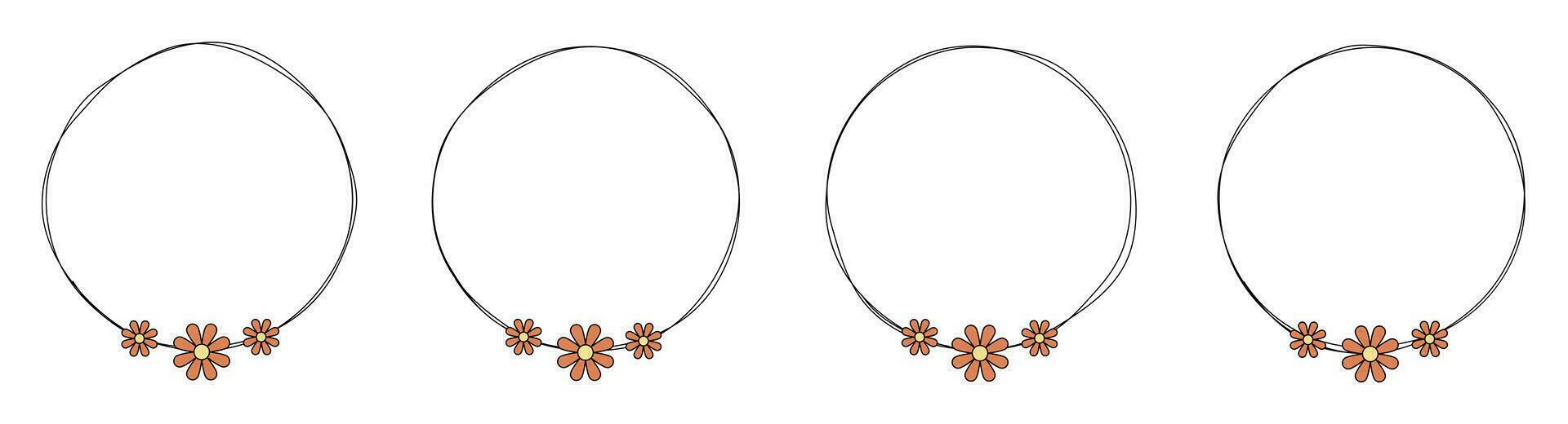 Hand drawn circle frame decoration element with flowers clip art vector