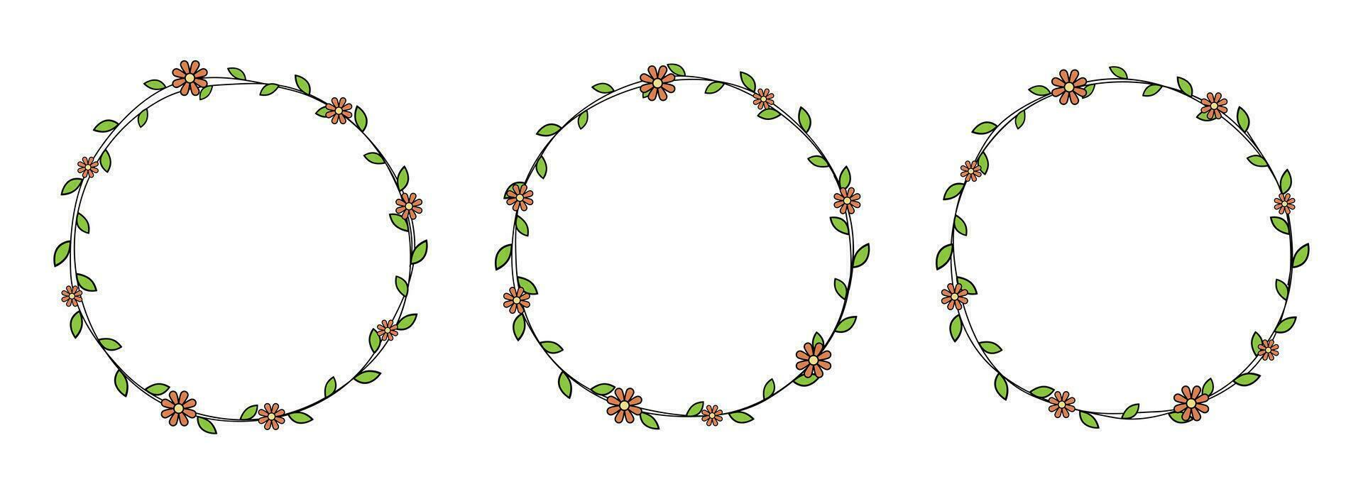 Hand drawn circle frame decoration element with leaves and flowers clip art vector