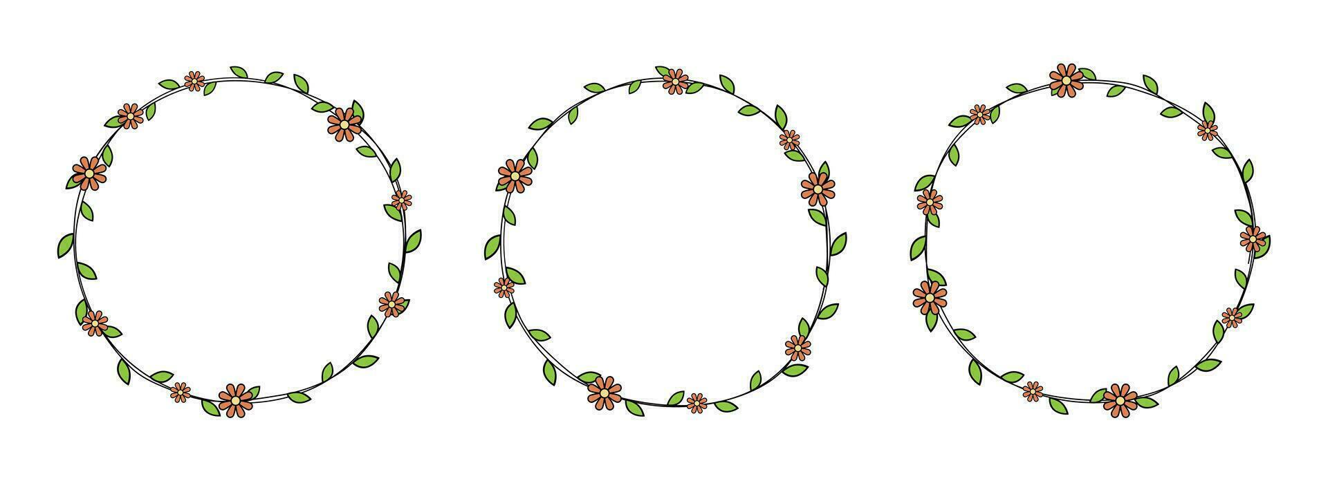 Hand drawn circle frame decoration element with leaves and flowers clip art vector