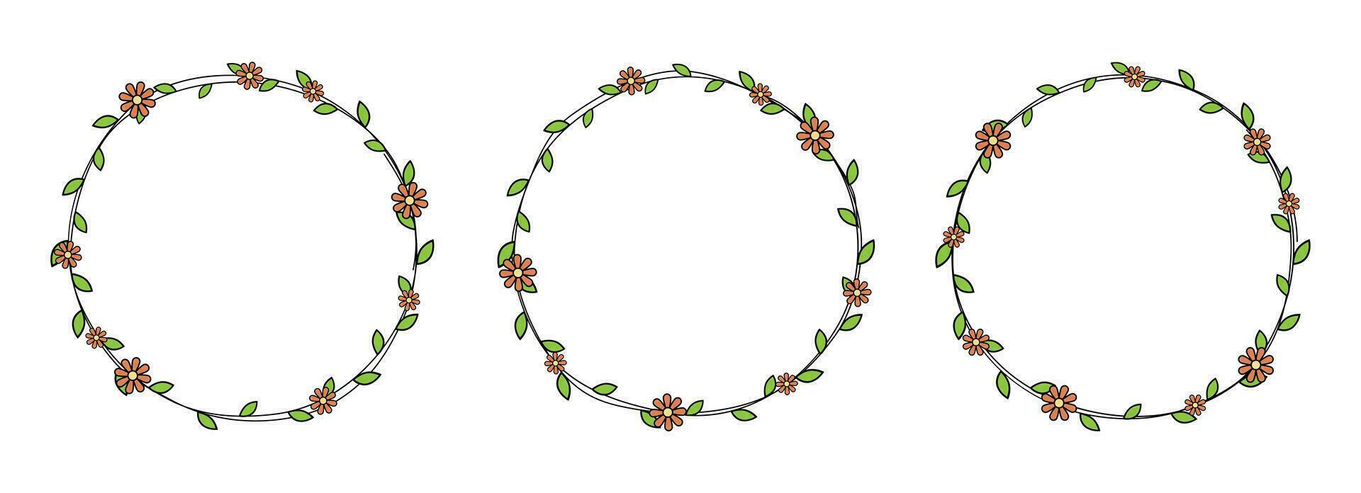 Hand drawn circle frame decoration element with leaves and flowers clip art vector
