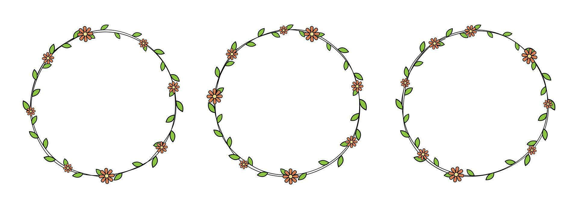 Hand drawn circle frame decoration element with leaves and flowers clip art vector