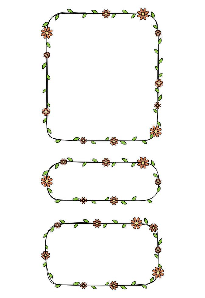 Hand drawn rectangle frame decoration element with flowers and leaves vector set