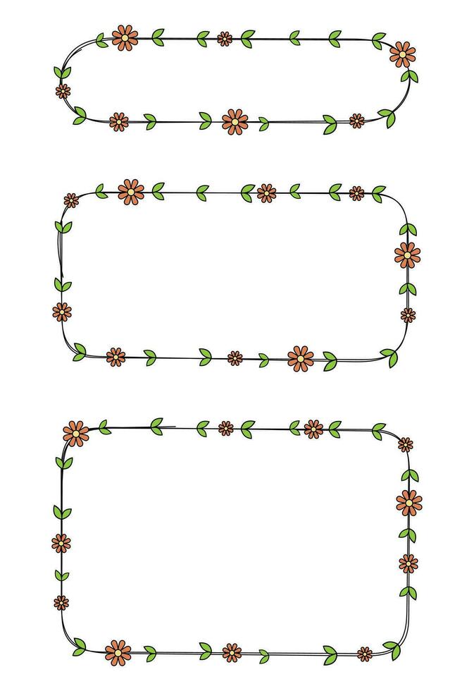 Hand drawn rectangle frame decoration element with flowers and leaves vector set