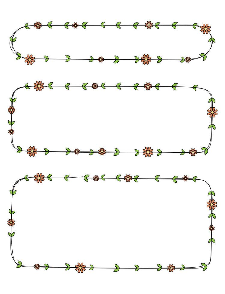 Hand drawn rectangle frame decoration element with flowers and leaves vector set