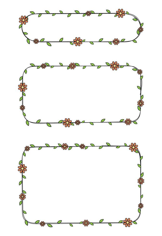 Hand drawn rectangle frame decoration element with flowers and leaves vector set