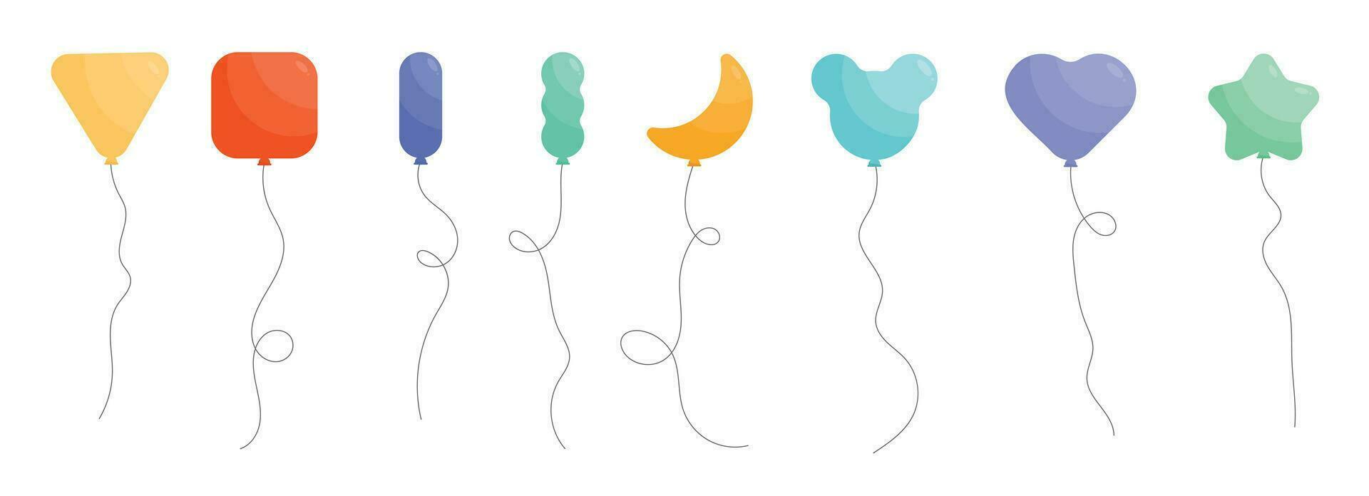 Set of colored party balloons tied with strings. Vector illustration in cartoon style