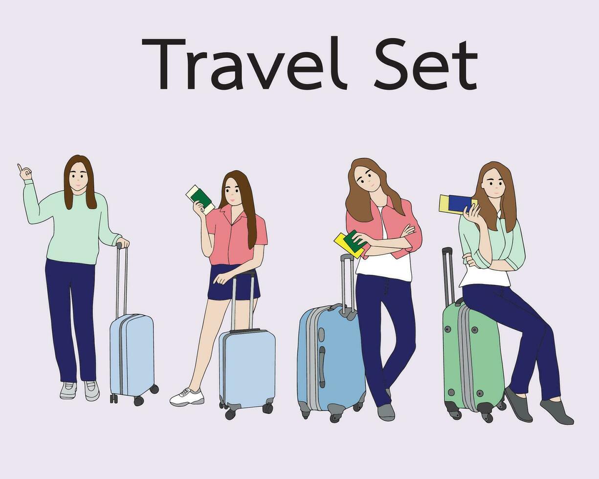 Woman travel with luggage and hold a ticker vector