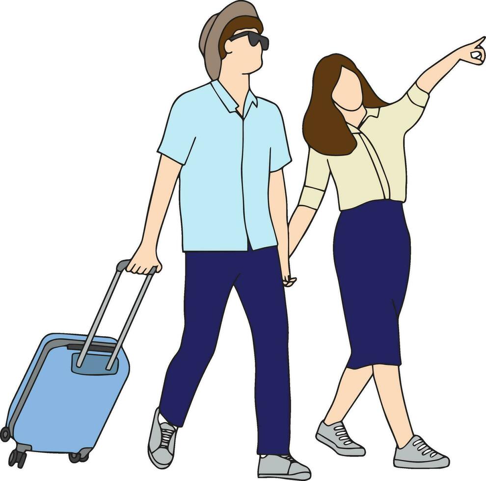 A couple travel together with luggage. vector